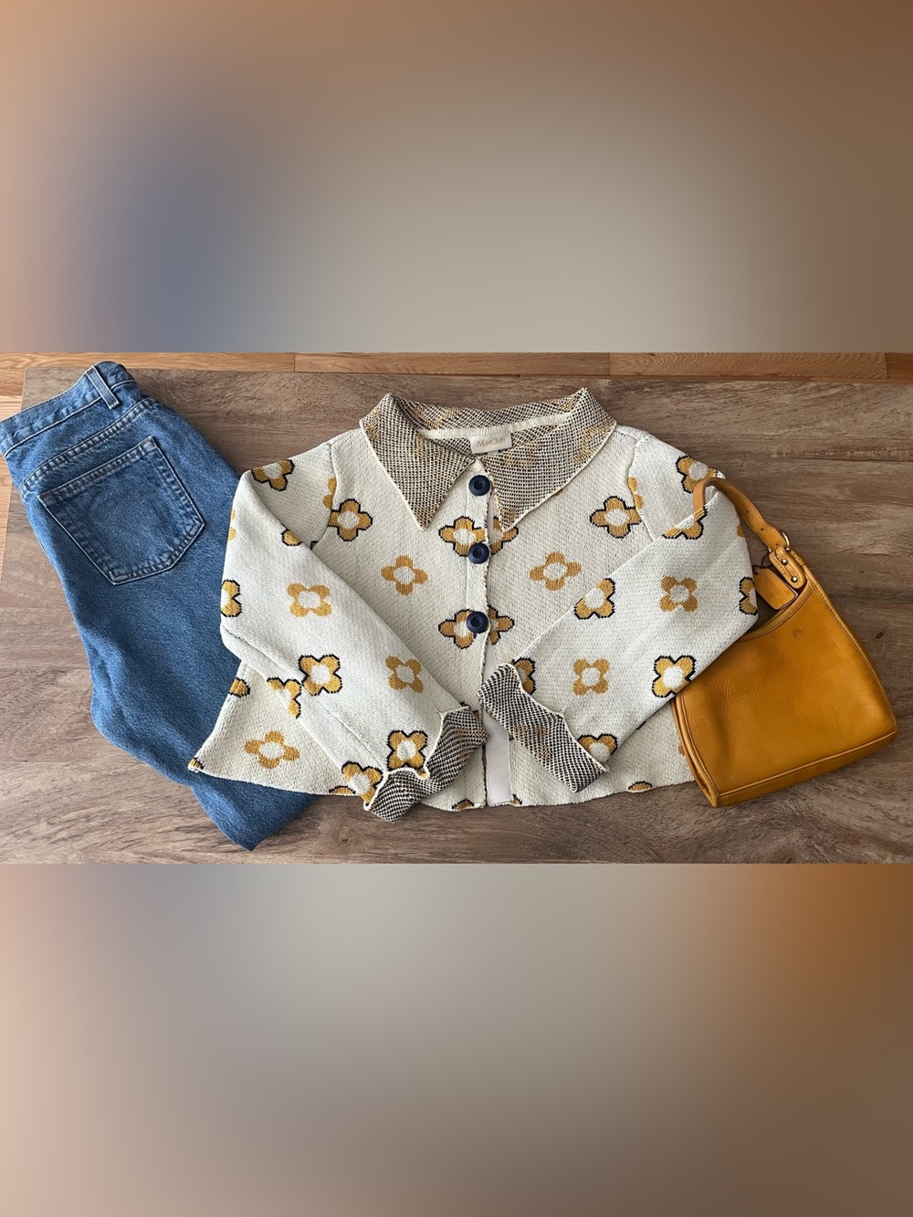 Modcloth Cream & Mustard Floral Knit Button-Up Cardigan
